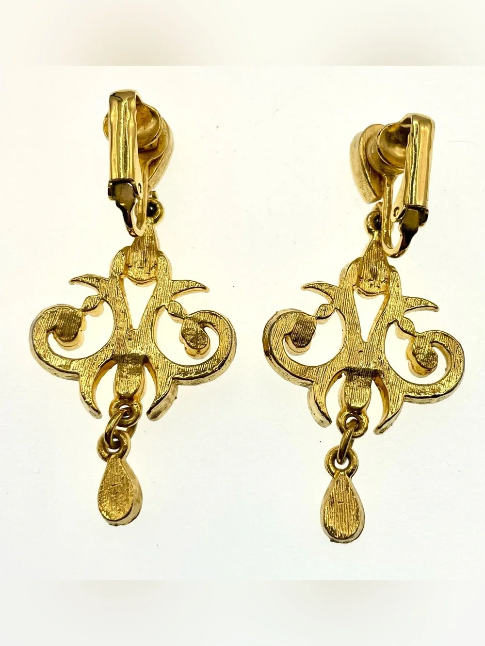 Vintage Scrollwork Dangling Drop Clip On Earrings Gold Tone 2”